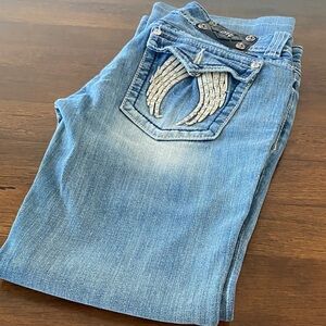 Miss Me Light Blue Bootcut Jeans with Wing Pockets Embroidery